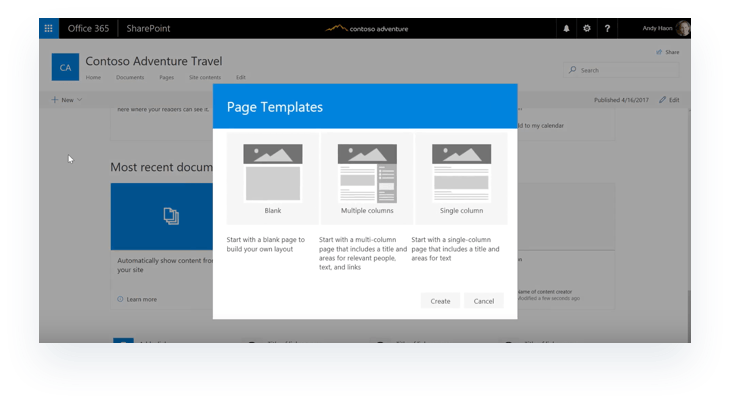 Office 365 SharePoint Pages Layouts for Team Sites