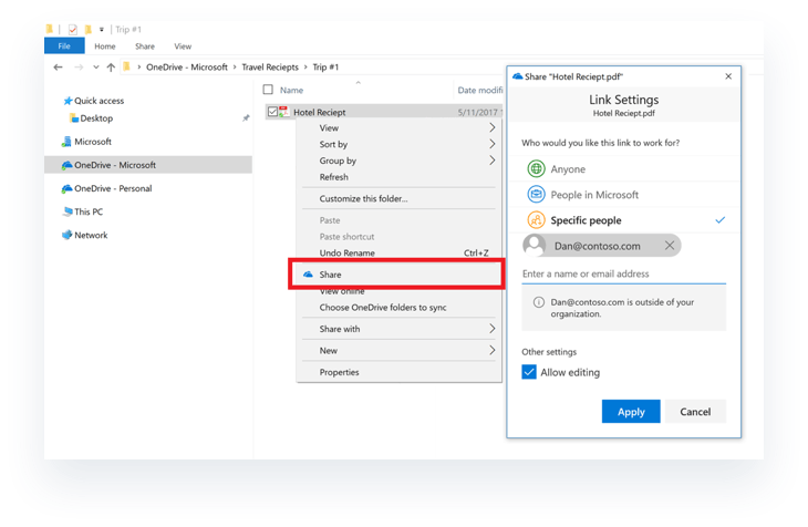 OneDrive for Business Sharing window