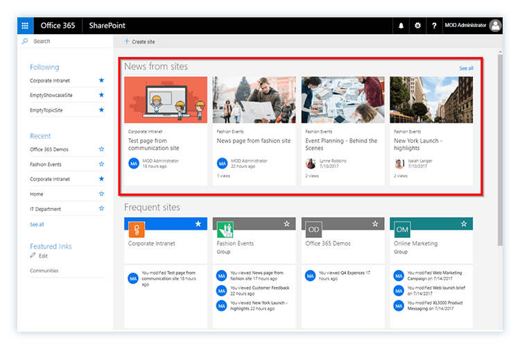SharePoint Home in Office 365