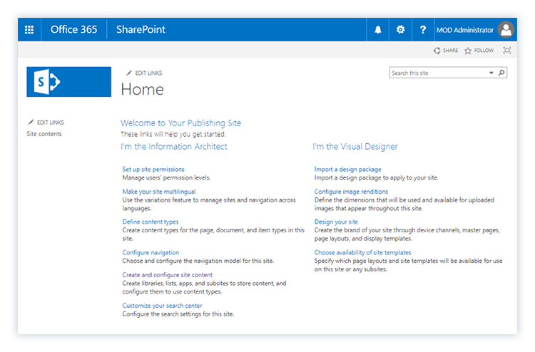 SharePoint publishing site home