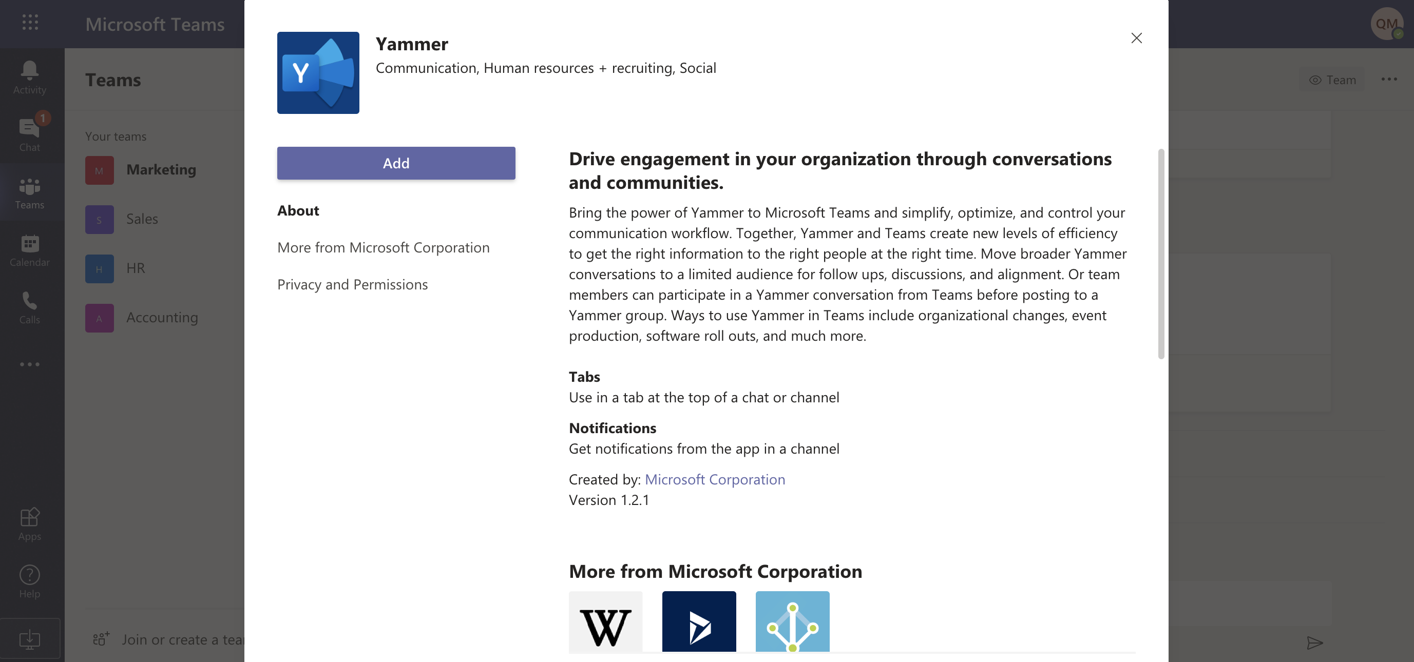 Search for Yammer, then click Add.