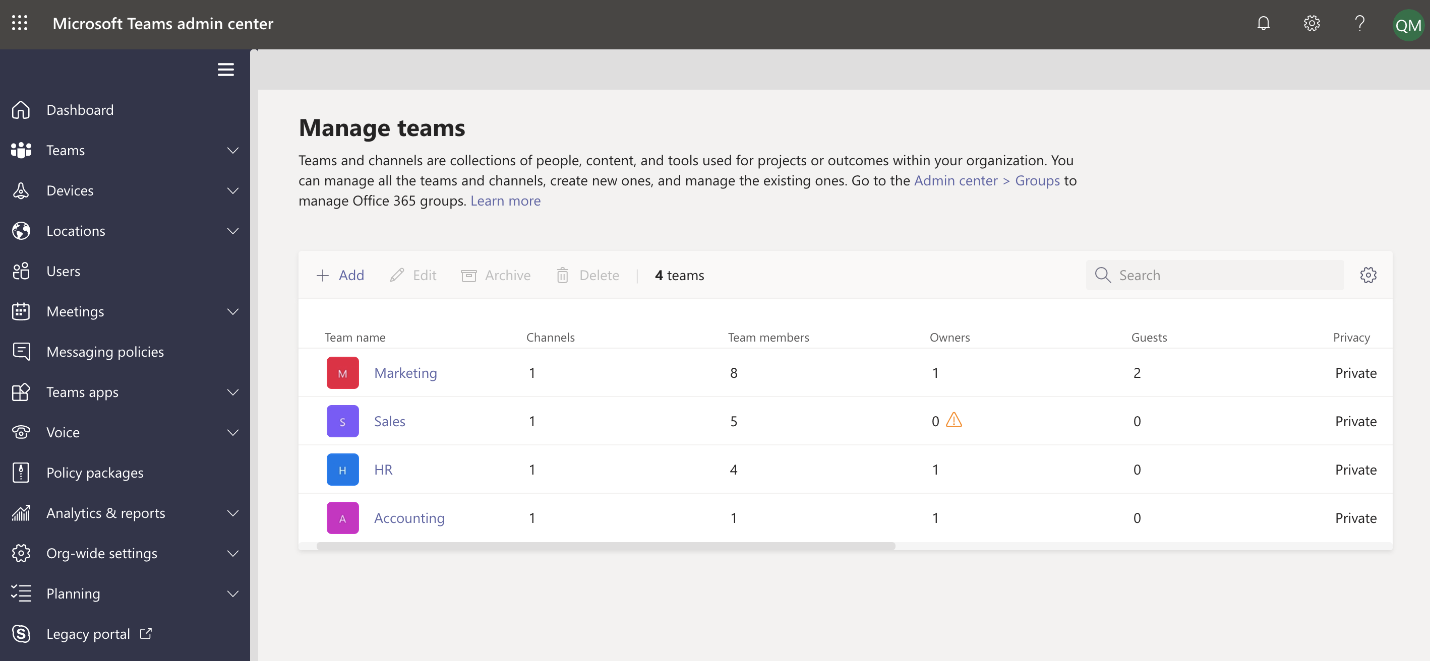 See which teams are ownerless in the Microsoft Teams admin center.